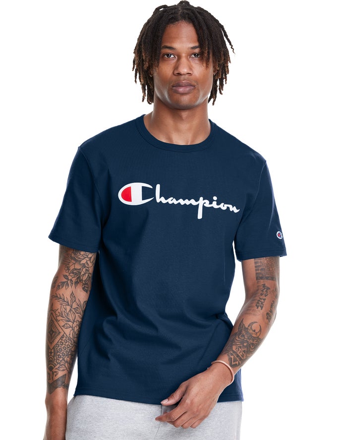 Champion T-Shirt Heren - Blauw - Heritage Vintage Logo ( 180942-NUS )